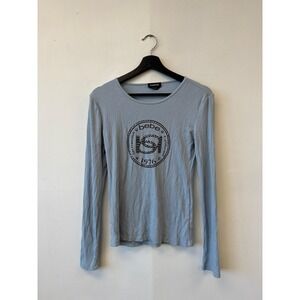 Bebe Shirt Womens Medium Light Blue Ribbed Long Sleeve Logo Graphic Top Y2K